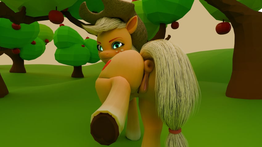 16:9 absurd_res anus applejack_(mlp) blonde_hair clothing cutie_mark earth_pony equid equine female feral friendship_is_magic genitals green_eyes hair hasbro headgear headwear hi_res horse kick mammal my_little_pony mythological_creature mythological_equine mythology pony puffy_anus pussy simple_background solo swoomy widescreen