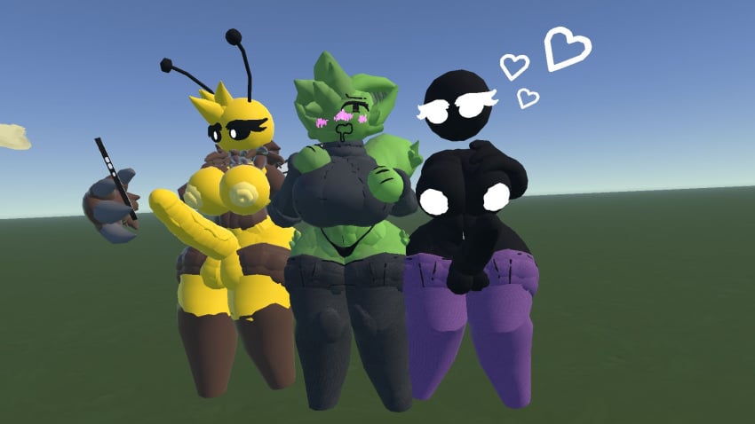 2futas1girl bee big_butt big_penis black_body breasts fur green_fur heart_symbol phone rec_room thighhighs