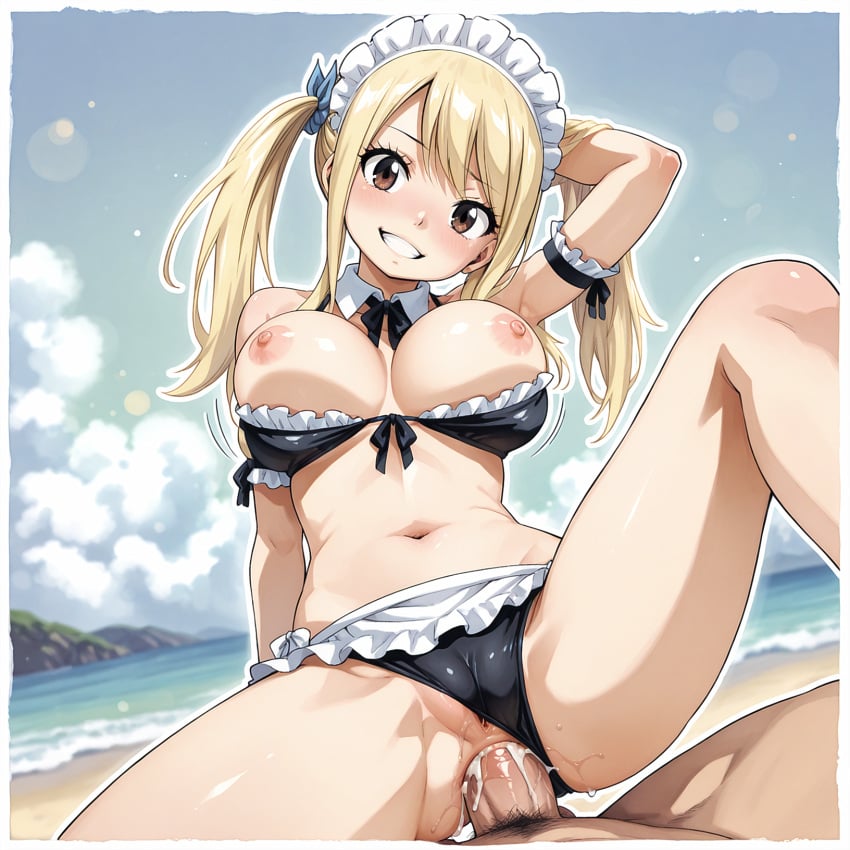 ai_generated anal_sex blonde_hair cum_in_ass fairy_tail illustrious_(stable_diffusion) large_breasts looking_at_viewer lucy_heartfilia maid_bikini maid_headdress nipples_slip one_arm_behind_head payop pow smile twintails