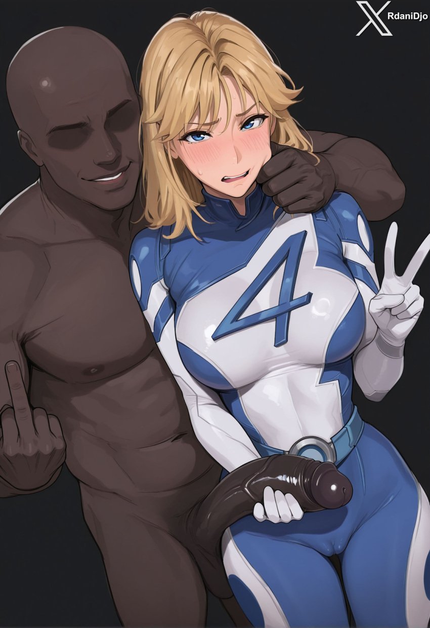 1boy 1girls ai_generated bare_arms bare_legs bare_shoulders bare_thighs big_breasts big_penis blonde_hair blue_eyes blush color dark-skinned_male dark_skin female hand_on_penis hi_res interracial invisible_woman invisible_woman_(marvel_rivals) large_breasts light-skinned_female light_skin long_hair looking_at_viewer male male/female marvel marvel_rivals middle_finger minority muscles muscular muscular_male netorare ntr sue_storm thick_thighs