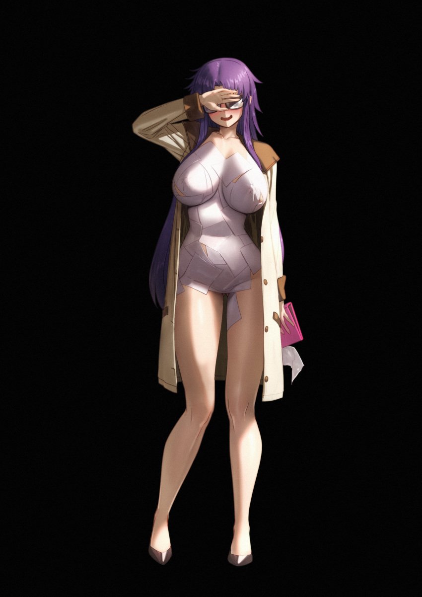 ass_visible_through_thighs bare_legs black_background blush breasts coat covering_own_eyes female full_body glasses highres huge_breasts long_hair naughty_face opaque_glasses paper purple_hair qingmingtongzi read_or_die smile solo thigh_gap thighs very_long_hair yomiko_readman