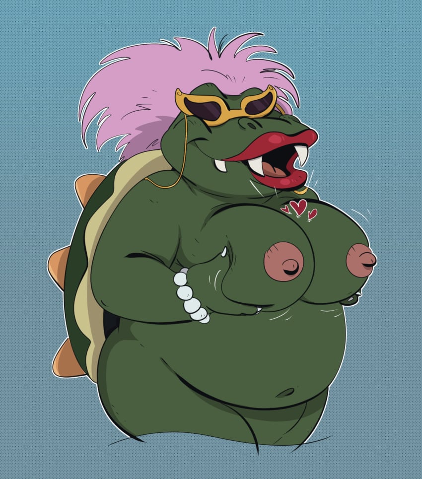 1girls anthro belly big_belly bowser's_mom breast_grab breasts claws fangs fat fat_belly female female_only furry furry_female furry_only glasses green_skin hair heart jodero koopa large_breasts lipstick mario_(series) mature mature_female milf nintendo nipples obese obese_female open_mouth overweight overweight_female pearl_bracelet pink_hair red_lipstick reptile scalie shell solo solo_female spiked_shell teeth the_super_mario_bros._super_show!