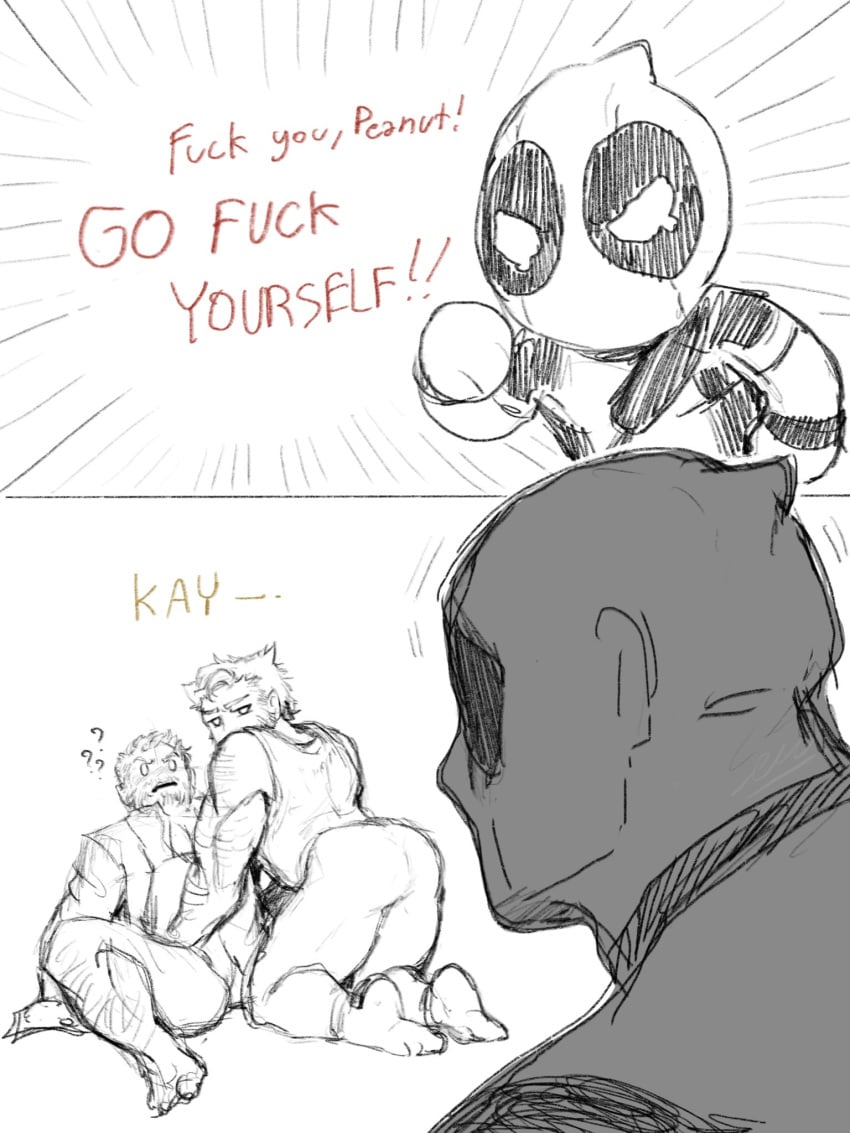 3boys ass back baimonbluewhale beard deadpool deadpool_&_wolverine_(2024) dual_persona english_text gay hairy_male james_howlett logan_(movie) male male_focus male_only marvel mask monochrome muscular_male selfcest short_hair wade_wilson wolverine_(x-men) x-men yaoi