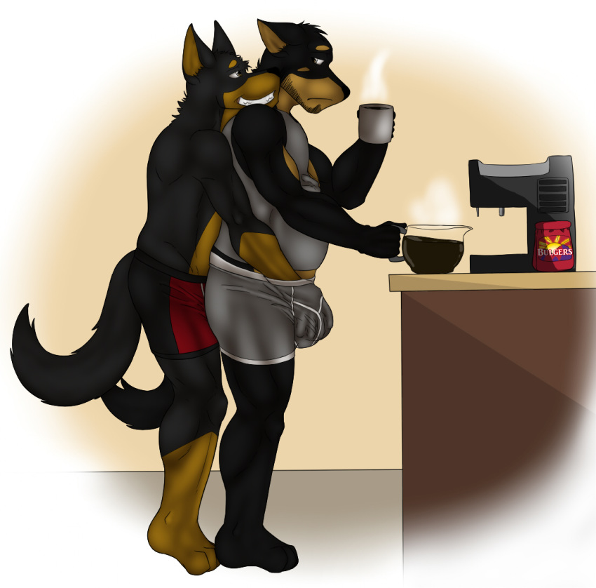 2011 age_difference anthro beauceron biceps big_muscles boxers canine chubby clothes cocky_smile coffee daddy-o doggieo doggieo_(character) father father_and_son fur furry gay handjob incest kitchen male male_only muscles no_humans parent reach_around shirt son standing underwear