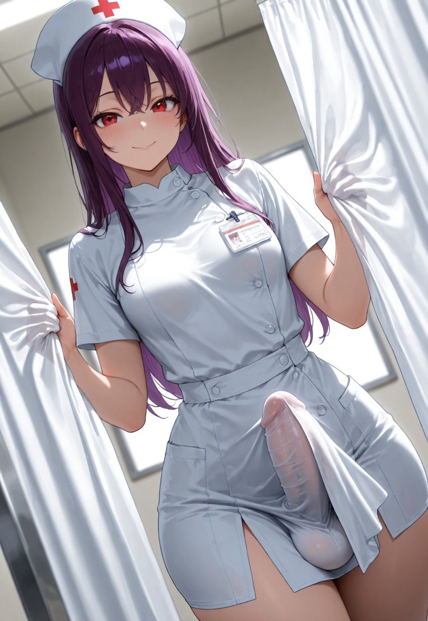 1futa ai_generated balls big_penis erection erection_under_clothes futa_only futanari intersex jamesbron large_penis long_hair looking_at_viewer nurse nurse_cap nurse_girl_(jamesbron) nurse_uniform penis penis_bulge purple_hair red_eyes small_breasts smile solo solo_futa standing thighs wide_hips