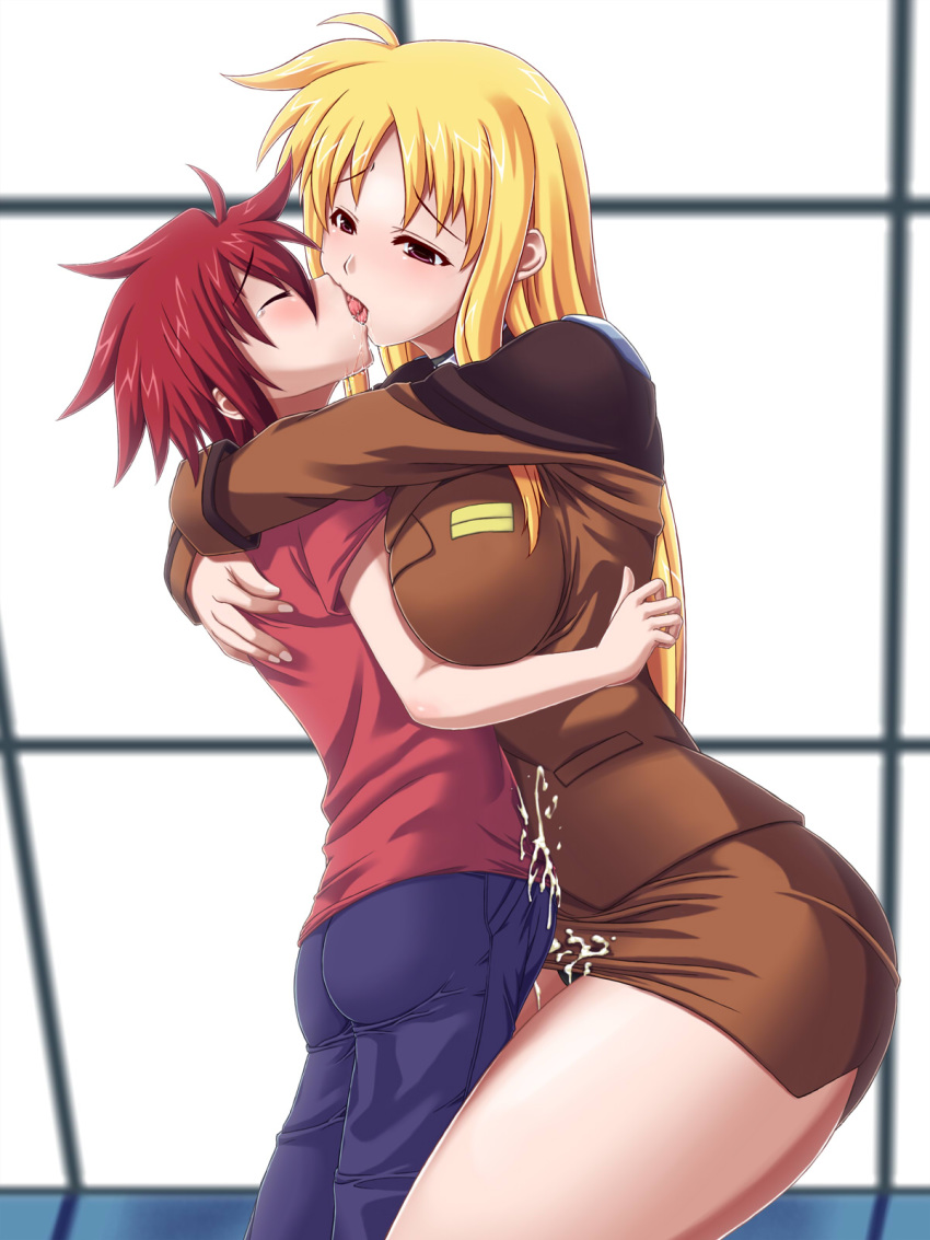 blonde_hair blush breasts cum erio_mondial fate_testarossa highres kiss large_breasts long_hair lyrical_nanoha mahou_shoujo_lyrical_nanoha mahou_shoujo_lyrical_nanoha_strikers straight tagme tsab_ground_military_uniform