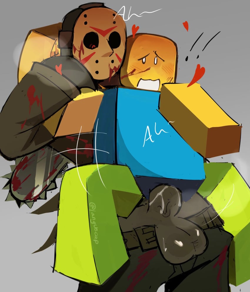 blood_on_face blush cum forsaken_(roblox) gay heart jason_(forsaken) jason_voorhees noob_(forsaken) noob_(roblox) nude_male roblox roblox_game robloxian sabobonds