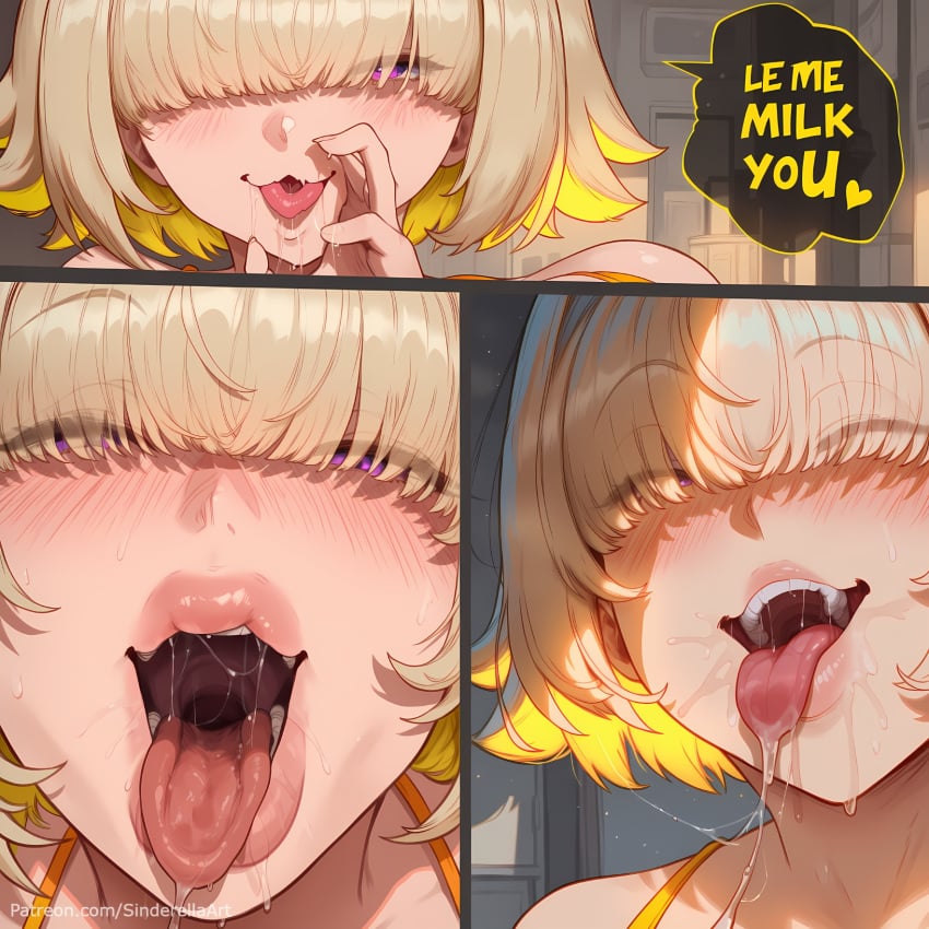 ai_generated blonde_hair blush busty caption cleavage comic comic_page commission dialogue elegg_(nikke) english_text fellatio_gesture female goddess_of_victory:_nikke hair_over_eyes huge_breasts micro_bikini milf multiple_views open_mouth oral_invitation patreon patreon_url patreon_username saliva saliva_trail short_hair sinderellaart stray_pubic_hair sweat swimwear teeth text text_bubble thick tongue tongue_out uvula voluptuous yellow_bikini