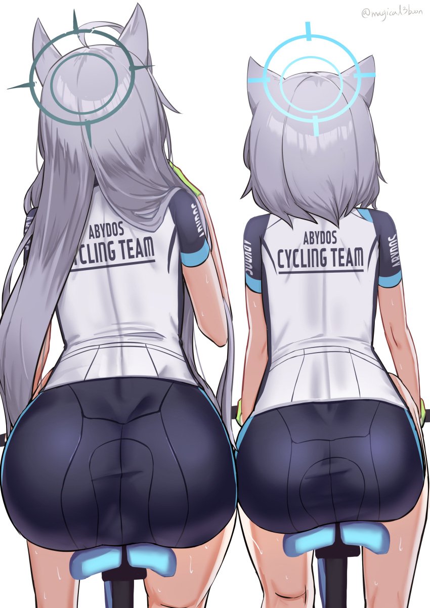 2girls abydos_high_school_student artist_signature big_ass big_breasts big_butt blue_archive cycling cycling_uniform halo highres long_hair shiroko_(blue_archive) shiroko_(cycling)_(blue_archive) shiroko_(terror)_(blue_archive) size_difference sweat sweating threeboon video_game_character wolf_ears wolf_girl