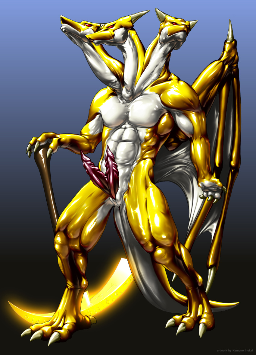 3_heads anthro claws diphallia diphallism dragon erection furry gold golden golden_dragon hemipenes holy hydra kemono_inukai long_neck male male_only multi_head multi_penis muscles no_humans paladin penis red_eyes rune runes solo weapon yellow_dragon yellow_skin