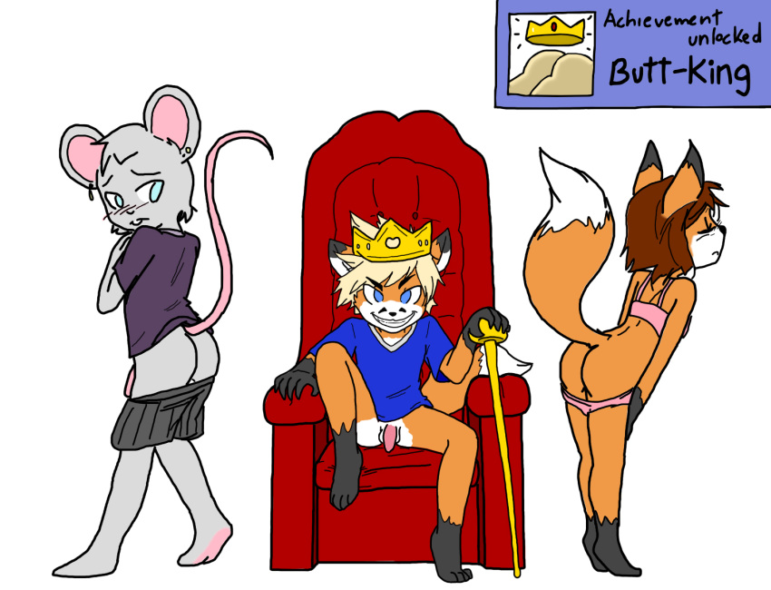 achievement anthro ass bi_domination bisexual bottomless canine chair clothes color crown femsub fox fur furry gay_domination interspecies kiyoshifox male_and_female_subs maledom malesub mouse multiple_subs panties pants penis rodent shirt shouk throne tycloud underwear