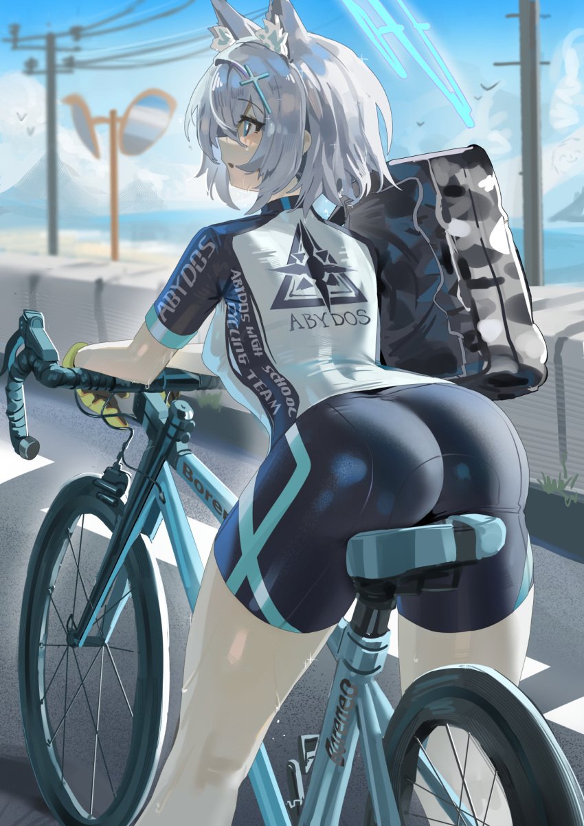 abydos_high_school_student ass_focus bicycle big_ass blue_archive cycling cycling_uniform halo highres mitsuki3s_kir shiroko_(cycling)_(blue_archive) skinsuit skintight small_breasts sweatdrop sweating toned_female video_game_character wolf_ears