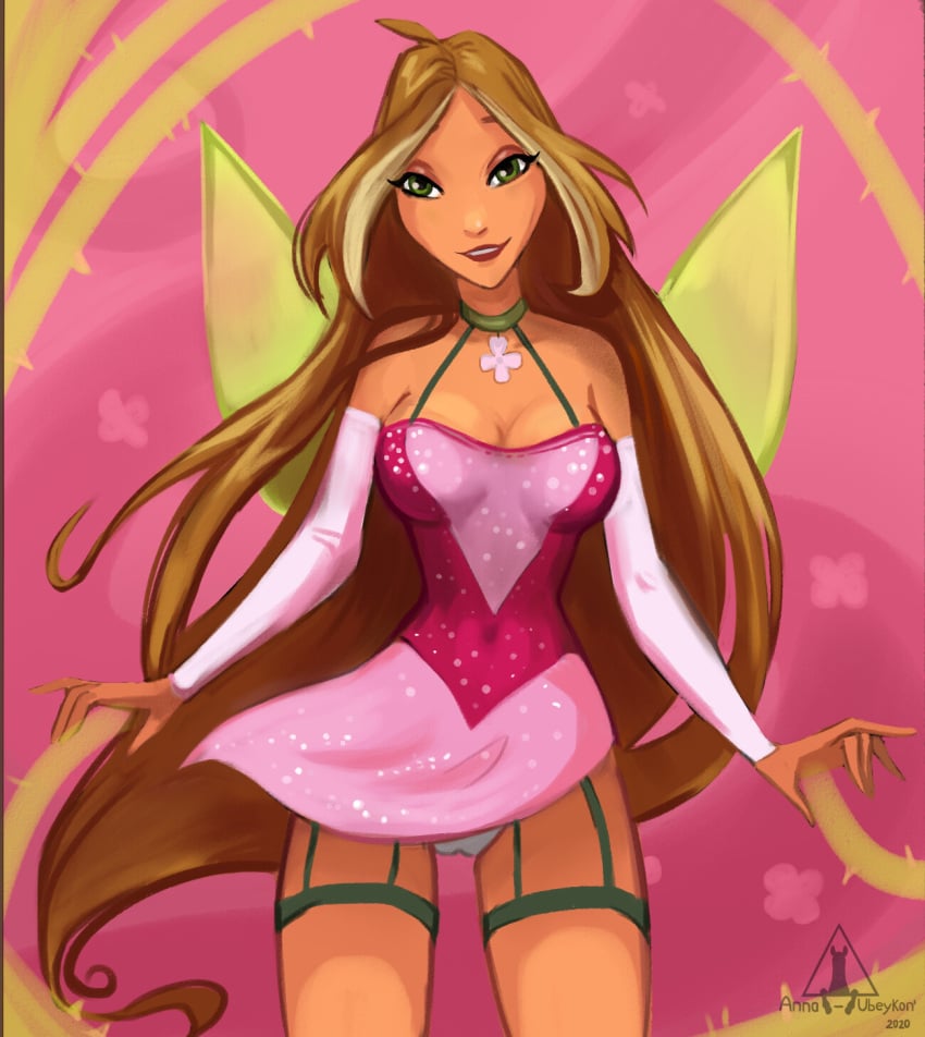 2020 2020s 2d artist_logo artist_name bedroom_eyes breasts brown_hair camel_toe cameltoe charmix cleavage clothing dark-skinned_female fairy fairy_only fairy_wings female female_only flora_(winx_club) flower_necklace focus green_eyes green_wings humanoid humanoid_only jpeg looking_at_viewer necklace pink_clothing pink_skirt shiny_clothes skirt smile smiling_at_viewer standing straps ubeykon_anna underwear wings winx_club