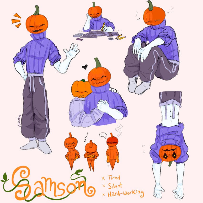 boyfriend-girlfriend heart-shaped_pupils holding_hands hugging hugging_from_behind humanoid midriff minecraft oc orange_eyes original original_character penny_(sspaziim) pumpkin pumpkin_girl pumpkin_head safe safe_for_work simple_background sitting sleeping snow_golem snowman snowwoman socks sspaziim sweat sweater