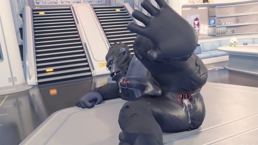 3d_(artwork) anal anthro ape ass balls blizzard_entertainment bodily_fluids cum cum_in_ass cum_inside digital_media_(artwork) erection eyewear genital_fluids genitals glasses gorilla haplorhine hi_res leaking_cum male male_penetrated mammal muscular muscular_male overwatch penetration penis primate sheades solo winston_(overwatch)