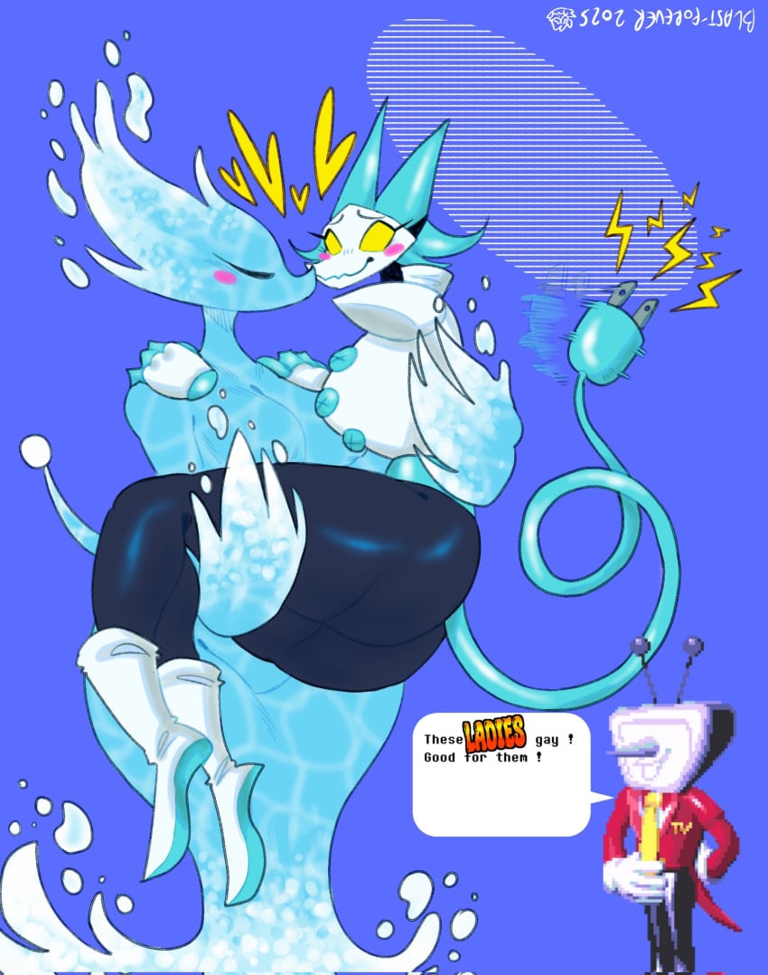 2girls ass big_ass big_breasts blush blushing blushing_female breasts bridal_carry cat_ears clothed clothed_female clothing deltarune deltarune_chapter_2 deltarune_chapter_4 dialogue female female/female female_only flustered flustered_female heart hips kissing lesbian lesbian_kiss meme miss_mizzle_(deltarune) robot robot_girl skin_tight tail tail_wagging tasque_manager_(deltarune) tenna_(deltarune) text text_bubble thick_thighs thighs undertale_(series) water watermark wide_hips yanisp5 yuri
