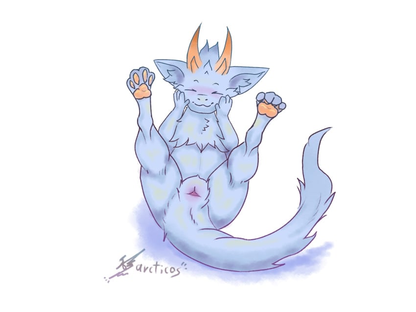 animal_genitalia arcticos blue_body blush cloaca closed_eyes dragon female feral fur furred_dragon furred_scalie genitals hi_res horn legs_up lying mythological_creature mythological_scalie mythology on_back pawpads paws scalie solo tail yellow_horn