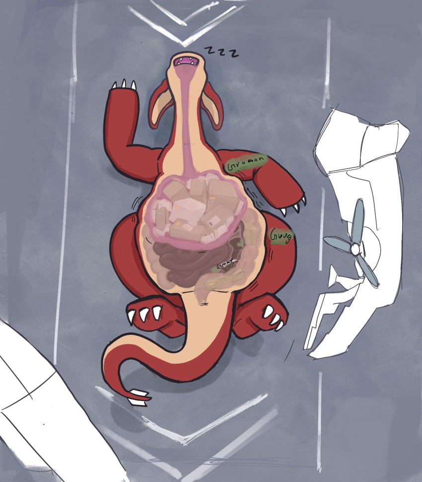 ambiguous_gender box claws container endoscopebrain feral feral_pred hi_res lying object_vore on_back red_body sleeping solo sound_effects vore vowelless vowelless_sound_effect white_claws zzz