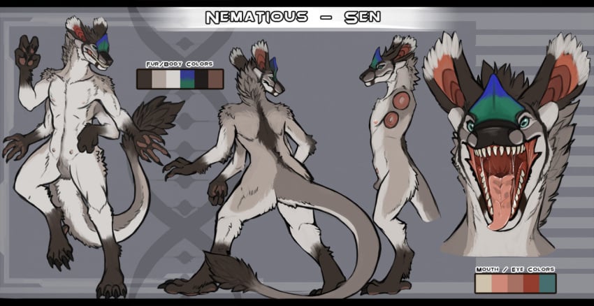 4_arms abstract_background acidic animal_genitalia anthro bared_teeth biped blue_eyes color_swatch front_view fully_sheathed fur genitals glistening glistening_eyes grey_body grey_fur male multi_arm multi_limb nude open_mouth pink_tongue rear_view sen_(nematious) sheath solo species_request standing tail tail_tuft tongue tongue_out tuft white_body white_fur