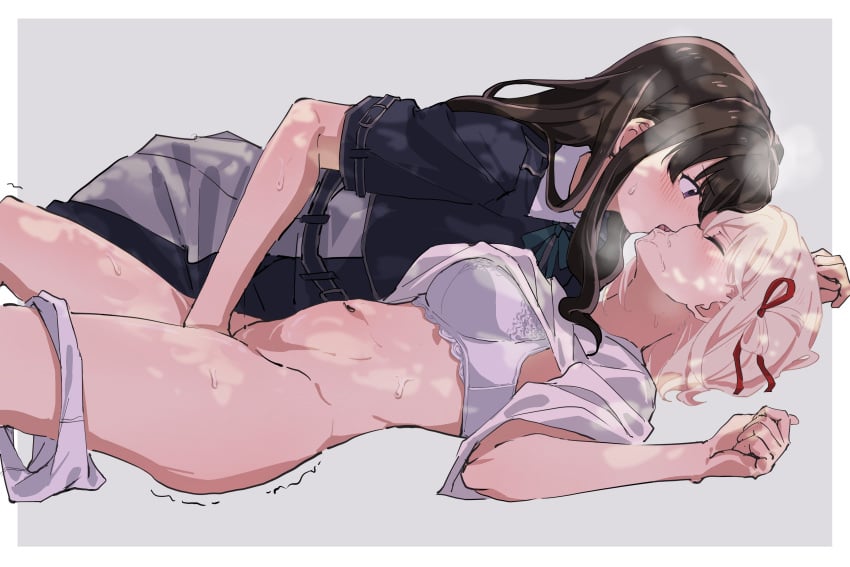 absurdres black_hair blonde_hair blue_dress blush bra closed_eyes commission dappled_sunlight dress fafayu fingering french_kiss grey_background hair_ribbon highres inoue_takina kissing long_hair looking_at_another lycoris_recoil lycoris_uniform navel nishikigi_chisato one_side_up panties panties_around_one_leg purple_eyes red_ribbon ribbon second-party_source shirt short_hair short_sleeves simple_background sunlight sweat trembling underwear white_bra white_panties white_shirt yuri