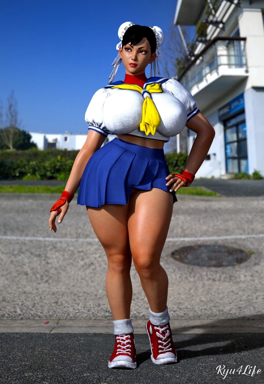3d_(artwork) capcom chun-li cosplay crop_top female gloves huge_breasts ryu4life sakura_kasugano_(cosplay) shoes skirt street_fighter thick_thighs voluptuous_female