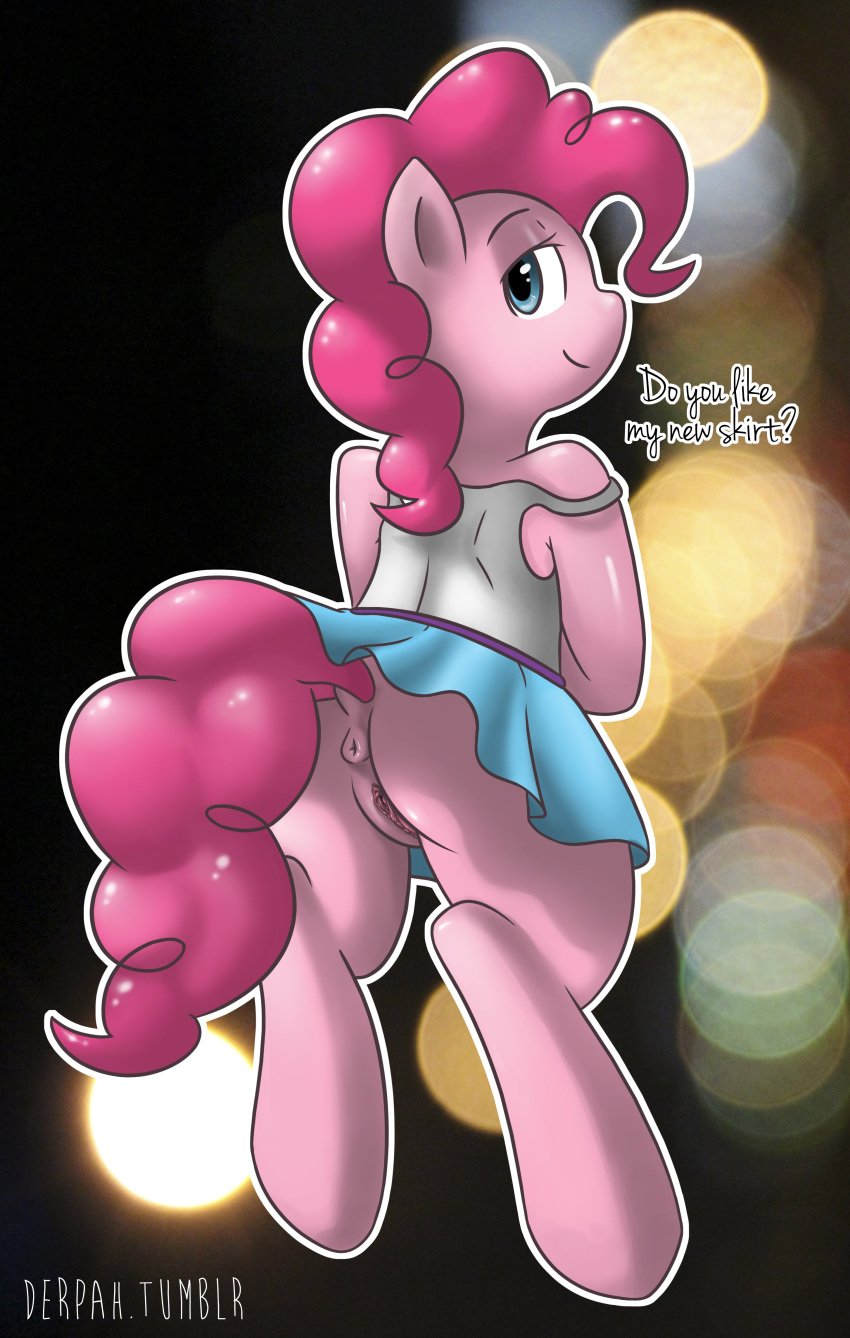 2013 anus ass blue_eyes derpah dialog dress english_text equine female feral friendship_is_magic fur hair half-closed_eyes hi_res high_resolution horse looking_at_viewer my_little_pony pink_fur pink_hair pinkie_pie_(mlp) pony pussy solo text