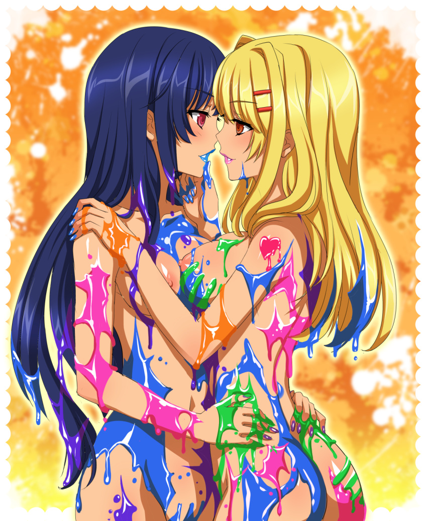 2girls arm arms ass back bare_shoulders blonde_hair blue_hair blush breasts brown_eyes chin_grab colorful eye_contact female hair_ornament hairclip hand_on_another's_chin hand_on_another's_shoulder hand_on_shoulder heart highres hug imminent_kiss large_breasts lips lipstick long_hair looking_at_another multiple_girls nail_polish naughty_face navel nipples nude original paint pink_eyes sideboob smile symmetrical_docking torso_grab vioka yuri