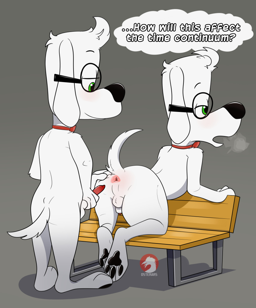 2024 absurd_res anthro anus ass balls butt_grab canid canine canis domestic_dog duo english_text erection eyewear genitals glasses green_eyes hand_on_butt hi_res imminent_sex jay_ward_productions looking_at_butt male male/male mammal mr._peabody mr._peabody_and_sherman nude osterars presenting presenting_anus raised_tail signature spread_butt spreading tail text watermark