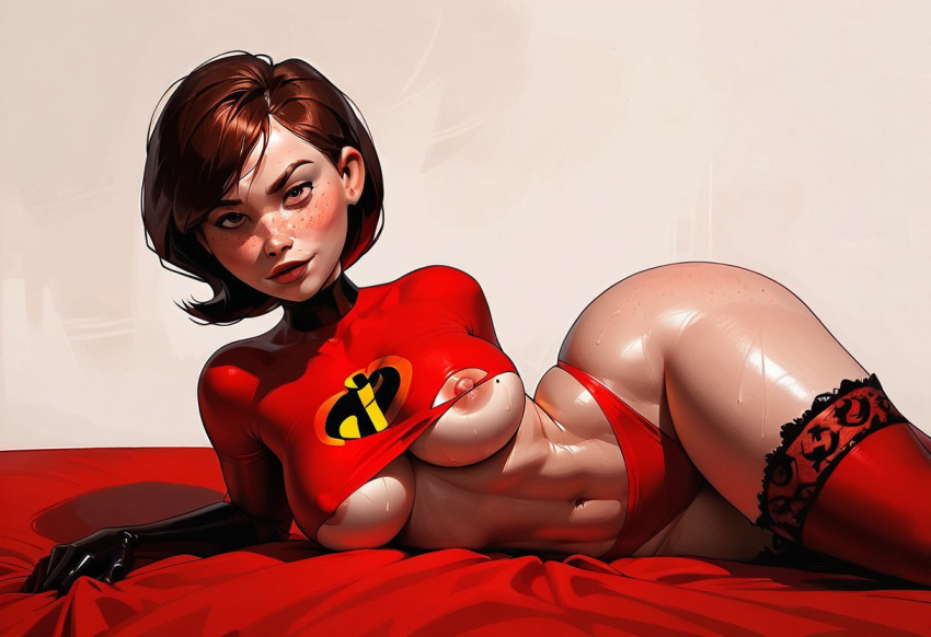 ai_generated basic_background big_breasts brown_hair disney fat_ass freckles freckles_on_face helen_parr milf mommy red_panties red_stockings short_hair solo solo_female solo_focus the_incredibles underboob