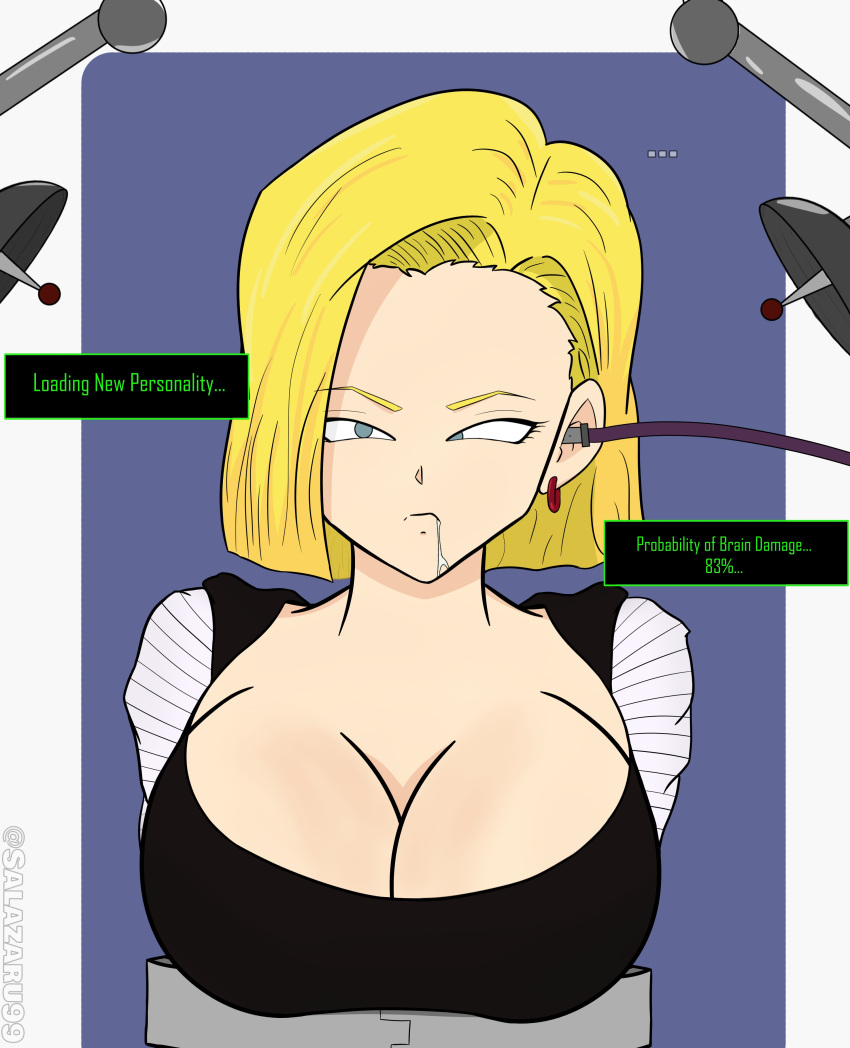 android_18 blonde_hair blue_eyes brainwashing brainwashing_machine breasts comic dialogue dragon_ball dragon_ball_z expressionless identity_death mid-transformation mind_hack restrained salazaru text transformation