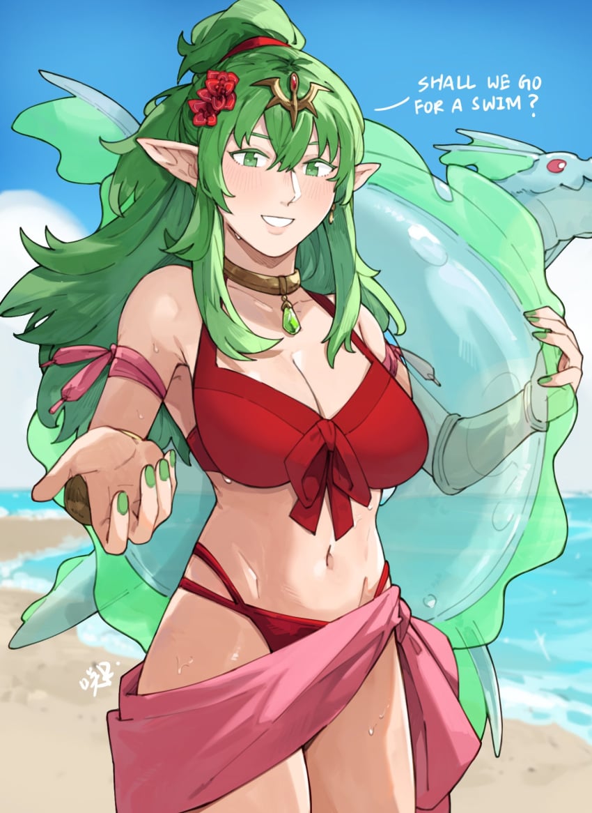 1girls alternate_costume beach bikini blue_sky blush breasts cleavage day earrings english_text female female_only fingernails fire_emblem fire_emblem_awakening fire_emblem_heroes flower green_eyes green_hair green_nails grin hair_between_eyes hair_flower hair_ornament highres holding holding_swim_ring innertube inviting jewelry large_breasts long_hair looking_at_viewer navel nintendo ocean official_alternate_costume outdoors pink_sarong pointy_ears ponytail reaching reaching_out reaching_towards_viewer red_bikini red_flower red_swimsuit sakuremi sand sarong sidelocks signature sky smile solo stomach swim_ring swimsuit text tiki_(adult)_(fire_emblem) tiki_(adult)_(summer)_(fire_emblem) tiki_(fire_emblem) water