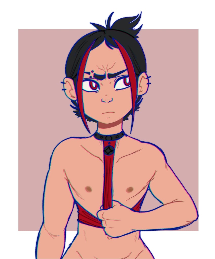 1boy black_hair choker ear_piercing eyebrow_piercing hexanne looking_away male_breasts male_focus male_only piercing pulling_shirt red_highlights revealing_breasts rockstar rule_63 showing_off_breasts star_(hexanne) tagme