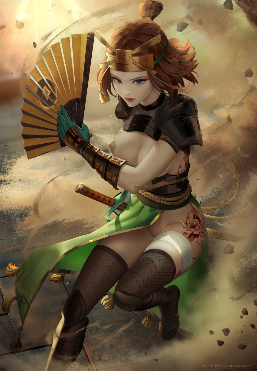 1girls areolae avatar_legends avatar_the_last_airbender blue_eyes breasts brown_hair casual earth_kingdom fan female female_only headgear highres medium_breasts nipples nonbender short_hair stockings suki tattoo zarory