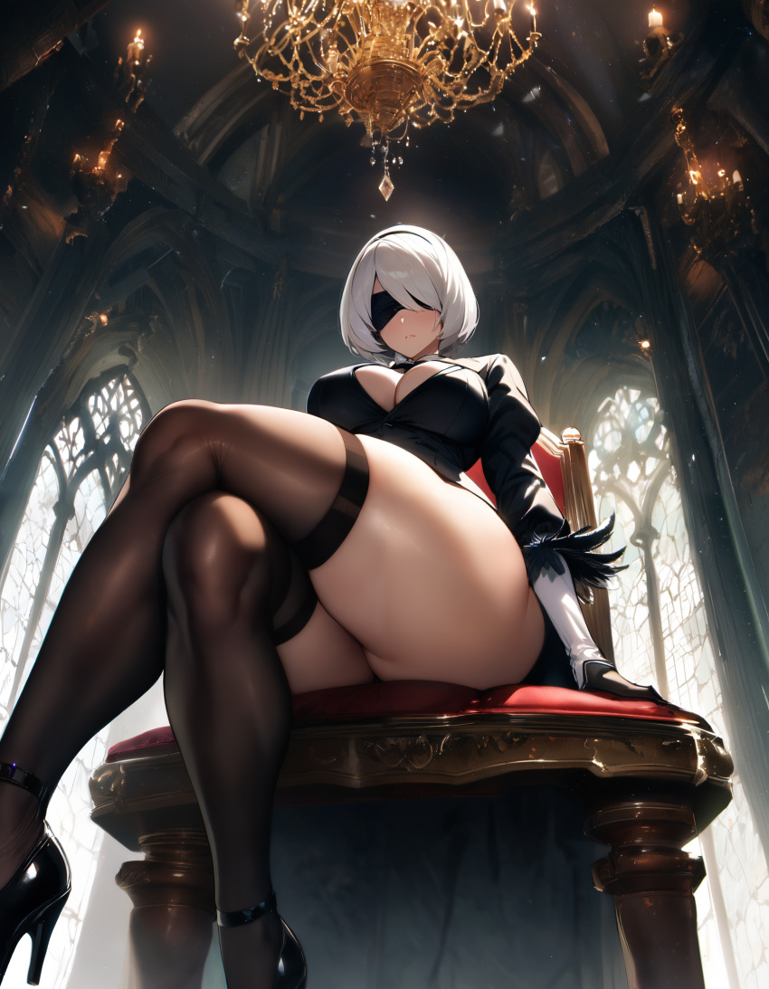 ai_generated anime blindfold castle chandelier crossed_legs detailed_background expressionless from_below gloves high_heels indoors legs looking_down massive_thighs narrow_waist nier nier:_automata nier_(series) scenery short_hair sitting square_enix stable_diffusion stockings thick_thighs throne tuxedo video_games white_hair wide_hips xenomon yorha_2b zettai_ryouiki