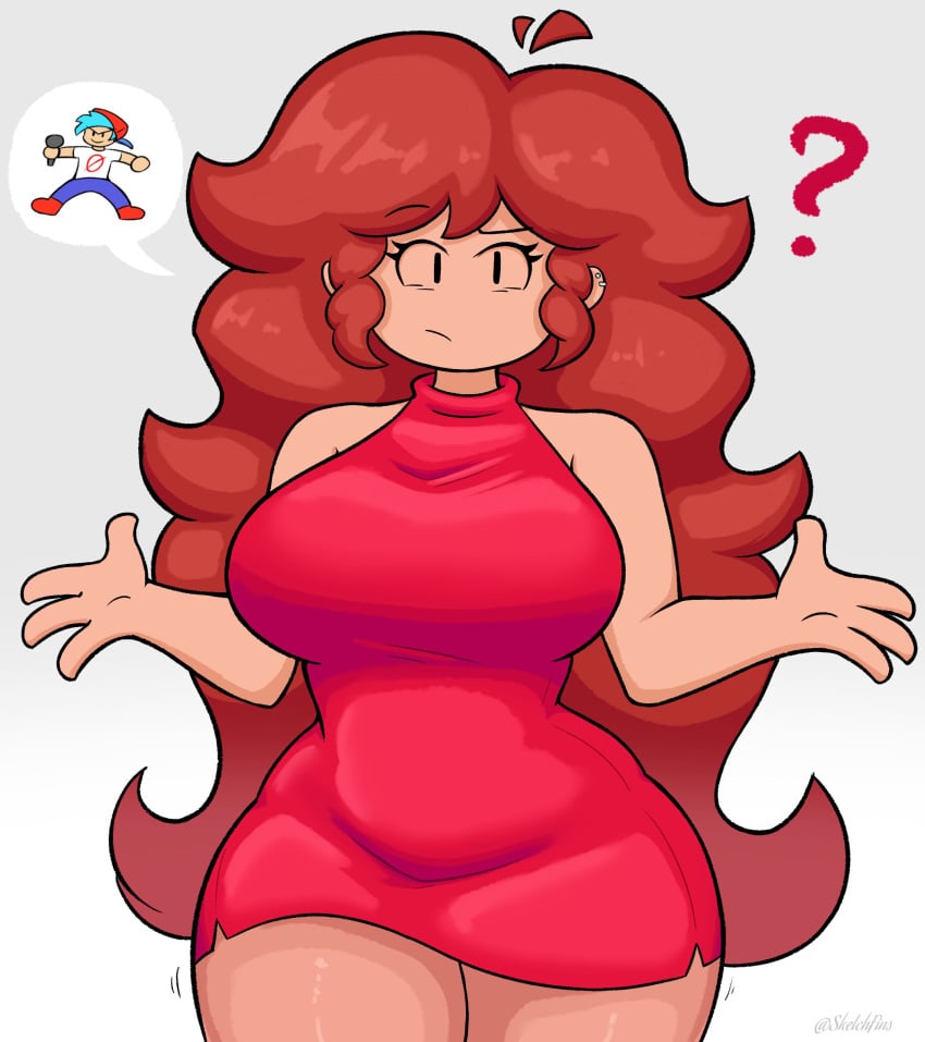 ? big_breasts boyfriend_(friday_night_funkin) breasts brown_hair cleavage clothed clothing confused fnf friday_night_funkin girlfriend_(friday_night_funkin) red_dress sketchfins thick_thighs wide_hips