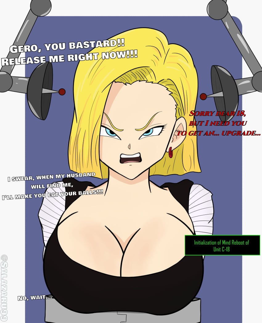 android_18 angry blonde_hair blue_eyes brain_drain breasts comic dialogue dragon_ball dragon_ball_z mind_break mind_hack pre-transformation restrained salazaru tech_control text transformation