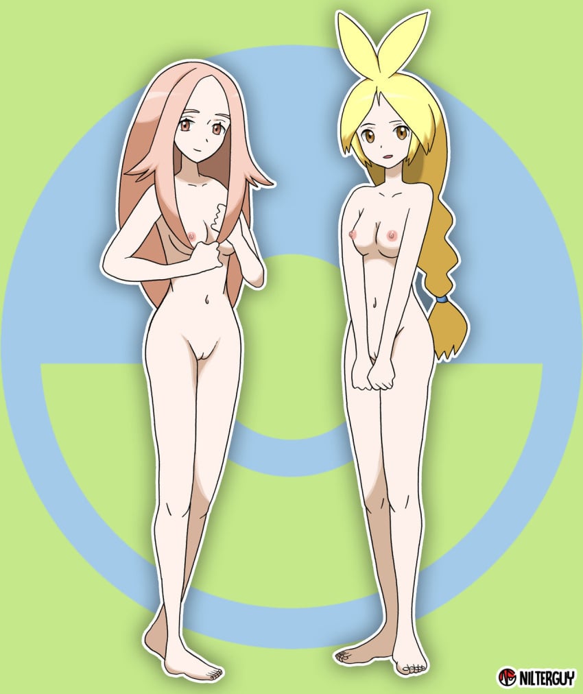 2girls accurate_art_style anthea_(pokemon) areolae barefoot breasts brown_eyes completely_naked completely_naked_female completely_nude completely_nude_female concordia_(pokemon) edit feet female female_only front_view knees looking_at_viewer naked navel nipples nude nude_filter nudefilterguy official_style pale-skinned_female pale_skin pink_hair pokemon pokemon_bw pokemon_bw2 pussy red_eyes shaved_pussy simple_background smile thighs yellow_hair