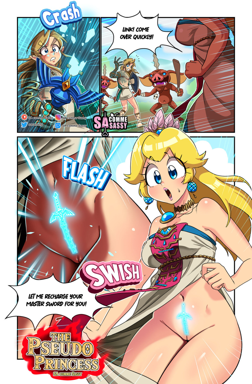 blonde_hair blue_eyes comic crossover dconthedancefloor female link link_(tears_of_the_kingdom) male mario_(series) nintendo princess_peach sasatseng sound_effects super_mario_bros. tears_of_the_kingdom the_legend_of_zelda