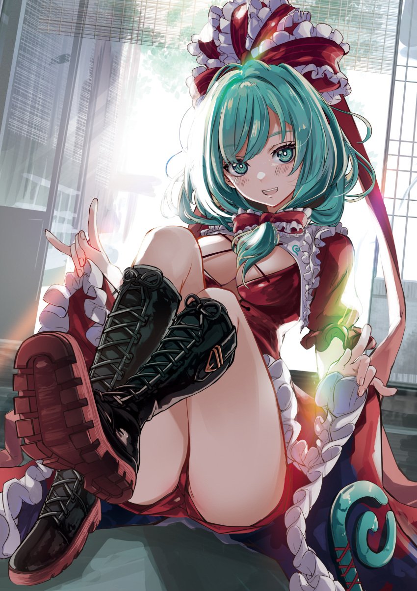 absurdres arm_ribbon black_footwear bow breasts cleavage_cutout clothing_cutout commission dress frilled_bow frilled_ribbon frills front_ponytail green_eyes green_hair hair_ornament hair_ribbon hairbow highres kagiyama_hina l.f. medium_breasts pixiv_commission red_dress red_ribbon red_shorts ribbon shoe_soles short_shorts shorts sitting touhou wrist_ribbon