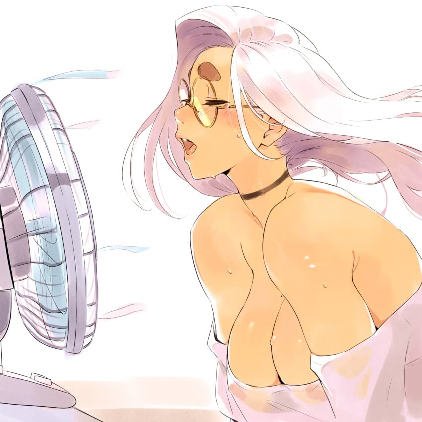 1girls blue_eyes breasts brown_eyebrows choker cleavage covered_nipples electric_fan fan glasses june_(squeezable) no_bra original see-through see-through_clothing solo squeezable sweat sweatdrop sweating tagme upper_body wet_shirt white_hair white_shirt