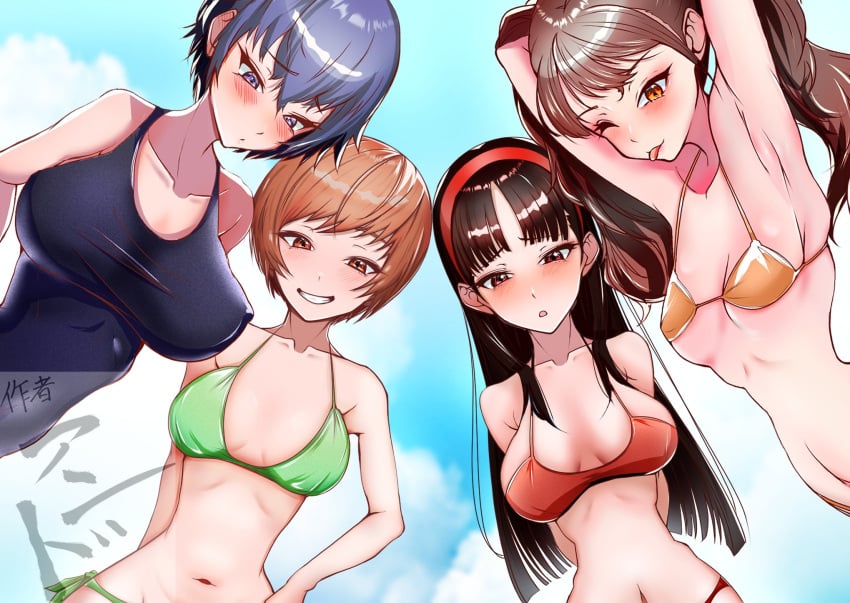 4girls amagi_yukiko atlus big_breasts bikini bikini_top black_hair black_hair_female blue_eyes blue_eyes_female blue_hair blue_hair_female blue_sky blush blushing breasts brown_hair brown_hair_female clothed clothed_female clothing female female_focus female_only investigation_team kujikawa_rise large_breasts light-skinned_female light_skin long_hair long_hair_female looking_at_viewer megami_tensei open_mouth persona persona_4 satonaka_chie sega shirogane_naoto short_hair short_hair_female sky small_breasts smile smiling smirk swimsuit takeminaieeru tomboy tongue tongue_out