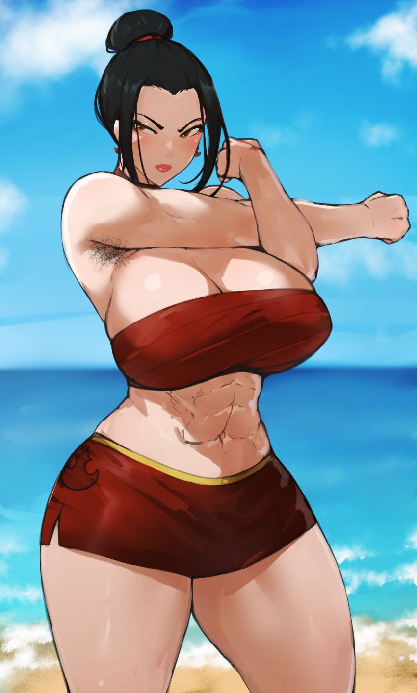 1girls abs armpit_hair avatar_legends avatar_the_last_airbender azula batako beach black_hair female fire_nation hair_bun muscular_female stretching