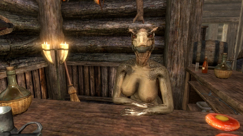 3d anthro argonian bar breasts exhibitionism horn keerava nipples nude public scalie screencap skyrim tavern the_elder_scrolls video_games