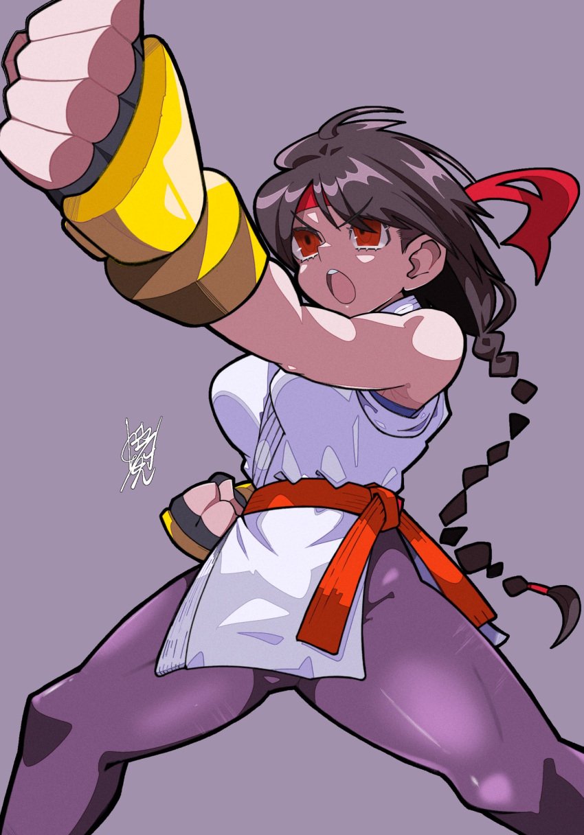 1girls bandana belt big_breasts big_breasts braid braided_ponytail brown_eyes brown_hair clothed female gloves karate karate_gi king_of_fighters light_skin light_skinned_female long_hair open_mouth pants spread_legs thick_legs thick_thighs yaki_usagi yoga_pants yuri_sakazaki