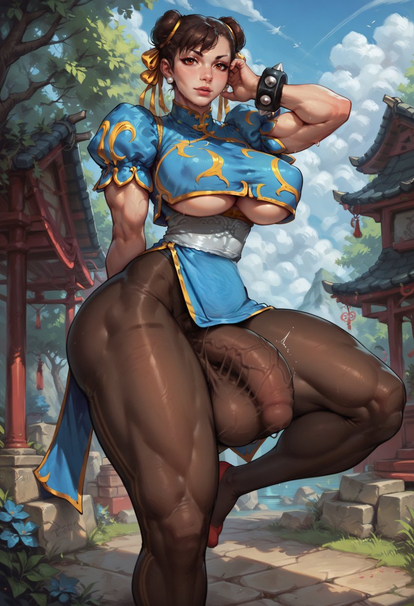 ai_generated big_ass big_breasts body_stocking chun-li curvaceous curvy curvy_figure curvy_futa dickgirl enormous_cock full-package_futanari futadiffusion futanari gigantic_cock huge_balls huge_cock long_cock massive_cock street_fighter