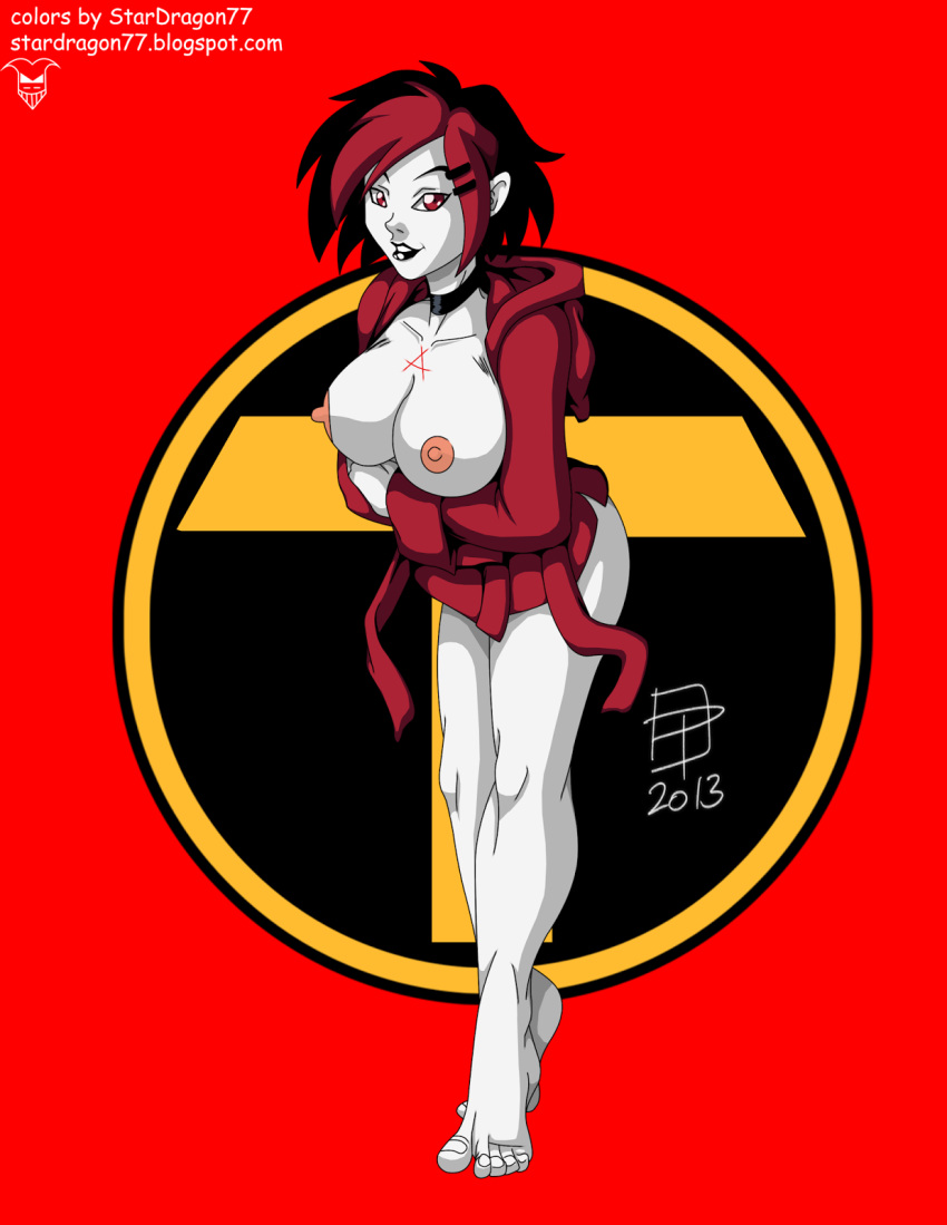 1girls 2013 areola argent_(dc) big_breasts black_lipstick breasts callmepo cleavage color colored dc erect_nipples female female_only goth grey_skin nipples pale_skin red_eyes solo stardragon77 teen_titans