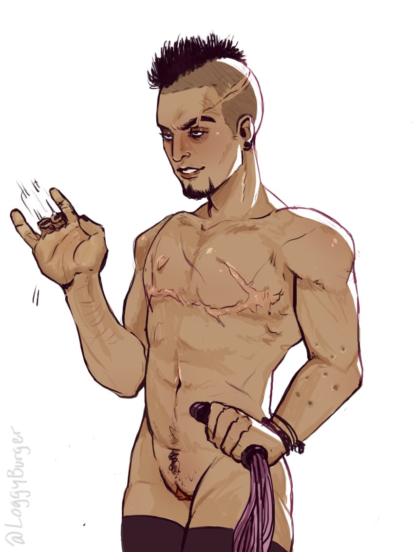 1boy black_eyes black_hair bottom_growth burn_scar cuntboy far_cry far_cry_3 flogger gauged_ear goatee intersex mohawk_(hairstyle) muscular pinup scars scars_all_over self_harm_scars thighhighs top_surgery_scars vaas_montenegro whip