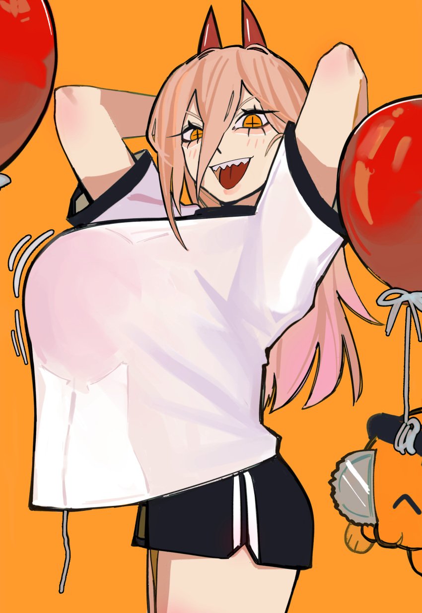 balloon black_shorts chainsaw_man fake_breasts horns pink_hair pochita_(chainsaw_man) power_(chainsaw_man) red_horns simple_background white_shirt yellow_eyes