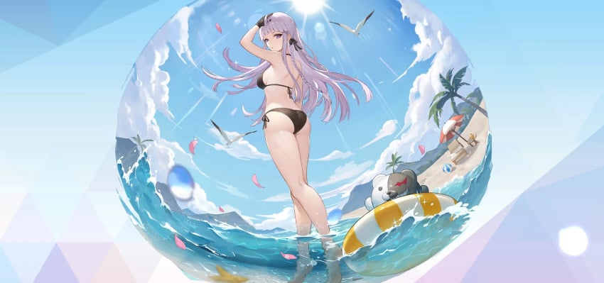 1girls :o arm_up ass ball beach beachball bikini bird black_bikini black_gloves blunt_bangs braid breasts caustics cloud danganronpa danganronpa_(series) danganronpa_s:_ultimate_summer_camp falling_petals female fisheye from_behind full_body gloves hair_ribbon hand_on_own_head highres innertube kirigiri_kyouko kneepits lens_flare long_hair looking_back medium_breasts monokuma ocean official_art outdoors palm_tree parasol petals promotional_art purple_eyes purple_hair ribbon seagull side-tie_bikini_bottom side_braid sidelocks summer sun swim_ring swimsuit tiptoes tree tropical_drink umbrella wading