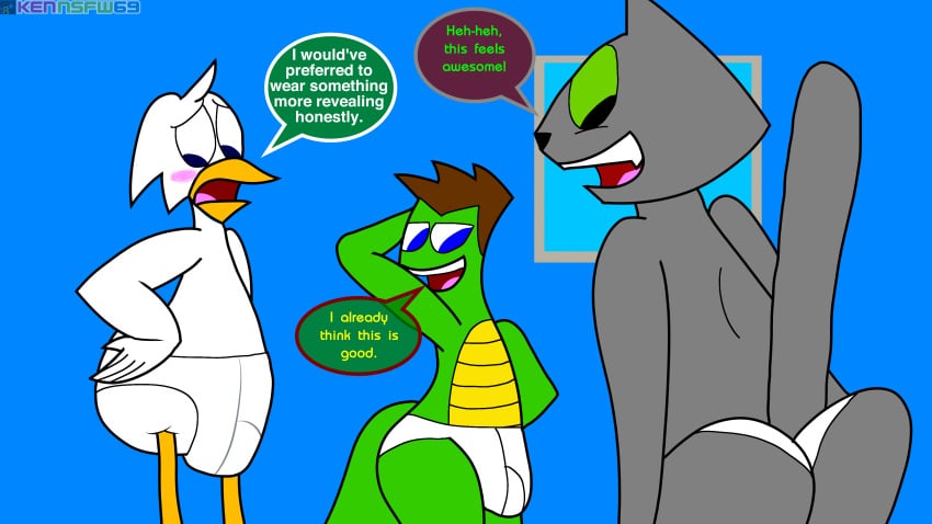 anthro ass avian big_bulge blue_eyes blush breasts briefs_only brown_hair bulge bulge_under_clothes charlie_panera domestic_cat duck feline furry green_body green_eyes green_scales green_sclera grey_body grey_fur kenmazu95 lizard male_only miles_grey scalie speckle_hakari tighty_whities topless topless_male underwear underwear_only white_body white_briefs white_feathers white_underwear yellow_underbelly